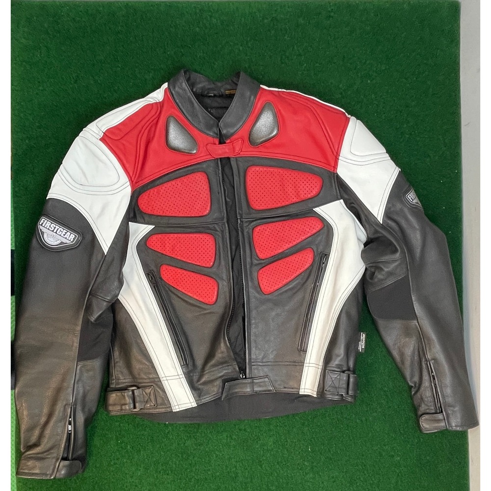 Firstgear Mens Leather Armored Motorcycle Jacket Black Red White ZIPS Size 44